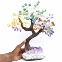 Mineral tree with an amethyst base and leaves made of various minerals