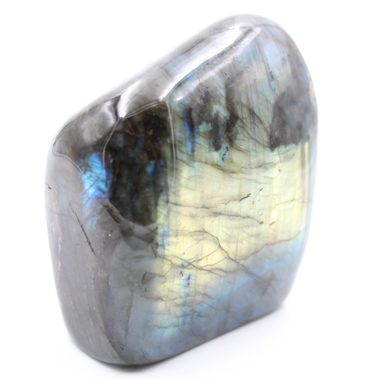 Labradorite with yellow reflections polished free form