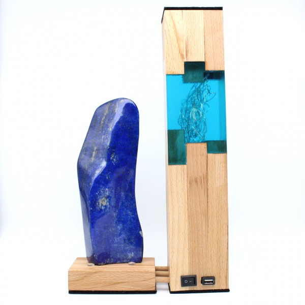 Lamp in wood and resin with large lapis lazuli stone