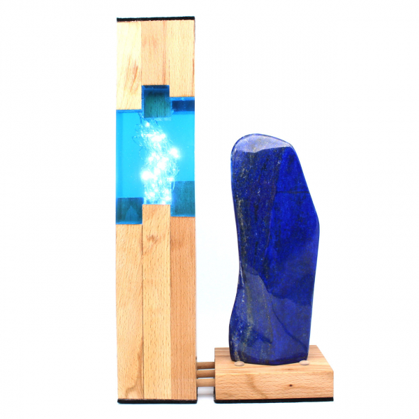 Lamp in wood and resin with large lapis lazuli stone