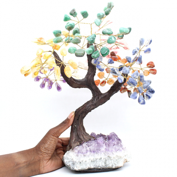 Mineral tree with an amethyst base and leaves made of various minerals