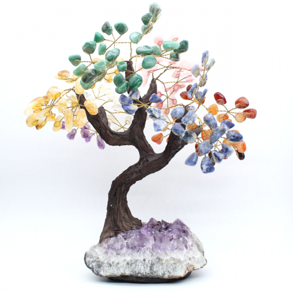 Mineral tree with an amethyst base and leaves made of various minerals