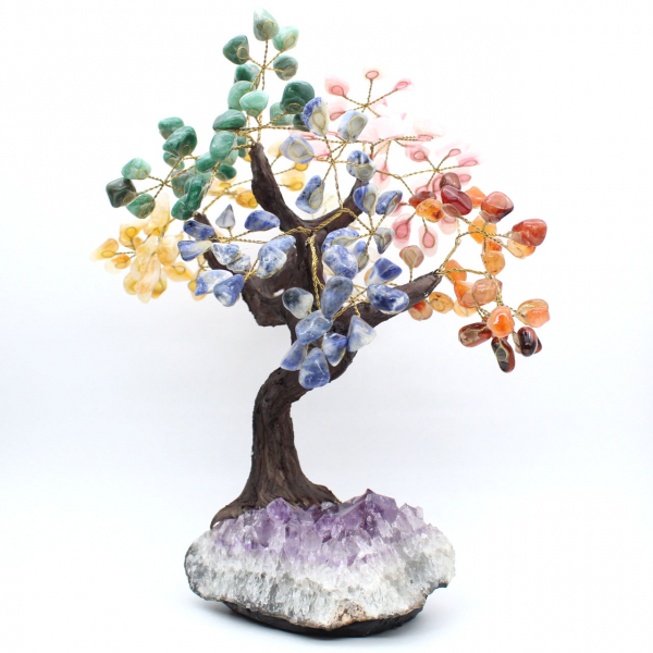 Mineral tree with an amethyst base and leaves made of various minerals