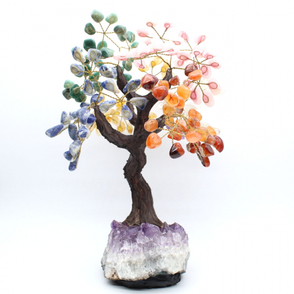 Mineral tree with an amethyst base and leaves made of various minerals
