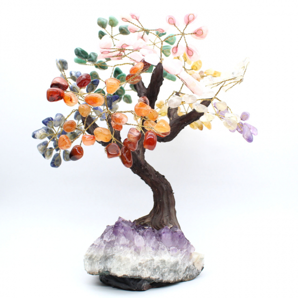 Mineral tree with an amethyst base and leaves made of various minerals