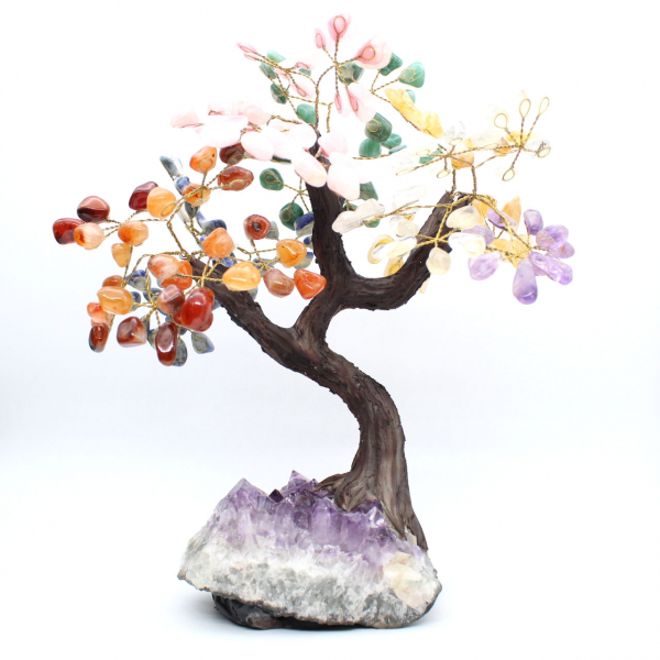 Mineral tree with an amethyst base and leaves made of various minerals