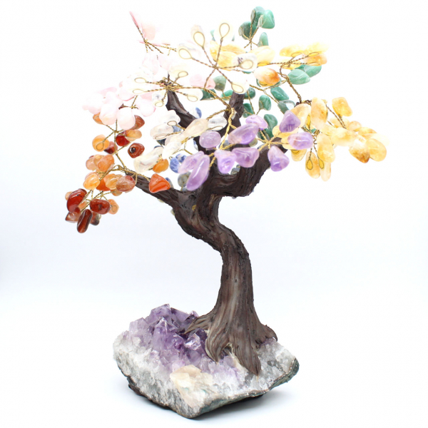 Mineral tree with an amethyst base and leaves made of various minerals