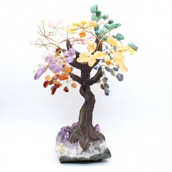 Mineral tree with an amethyst base and leaves made of various minerals