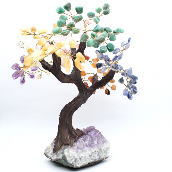 Mineral tree with an amethyst base and leaves made of various minerals