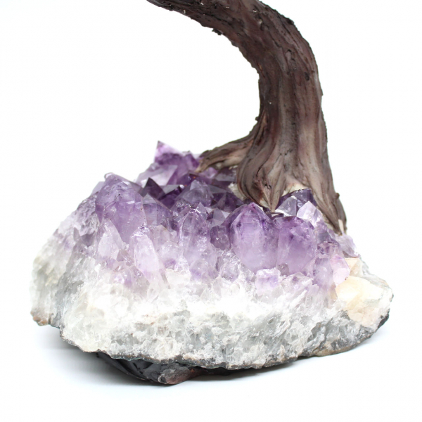 Mineral tree with an amethyst base and leaves made of various minerals
