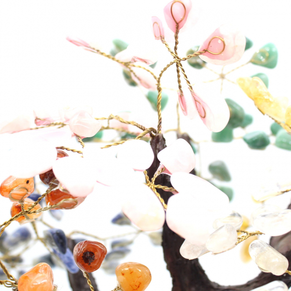 Mineral tree with an amethyst base and leaves made of various minerals