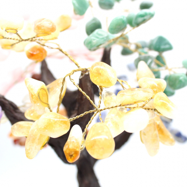 Mineral tree with an amethyst base and leaves made of various minerals