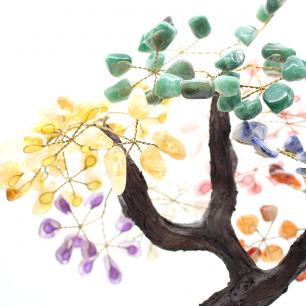 Mineral tree with an amethyst base and leaves made of various minerals