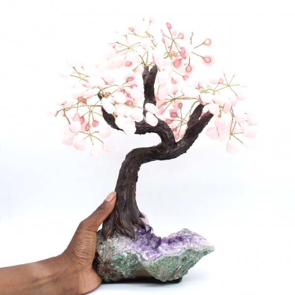Mineral tree with amethyst base and rose quartz leaves