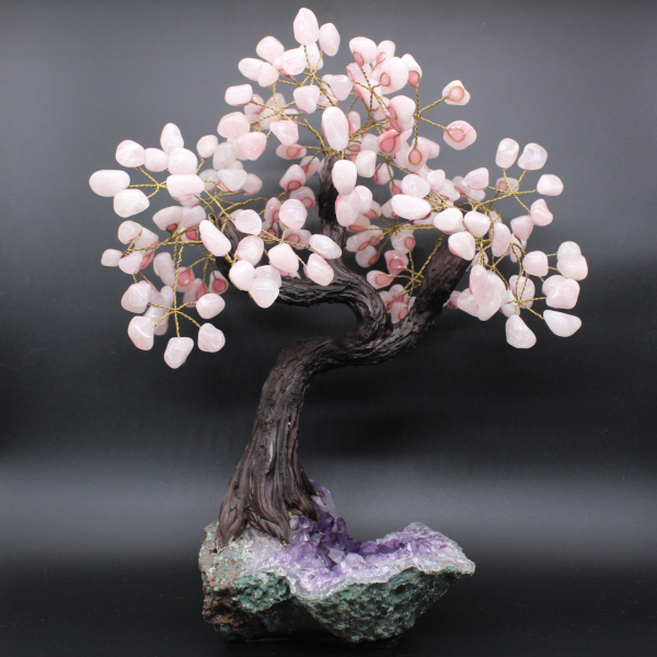 Mineral tree with amethyst base and rose quartz leaves