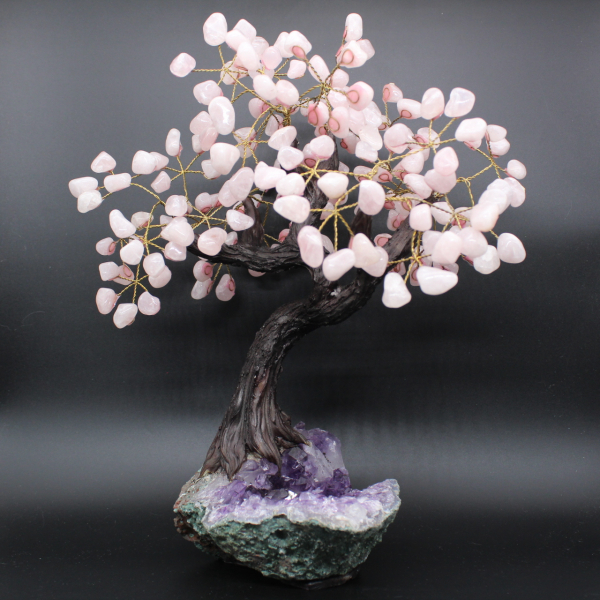 Mineral tree with amethyst base and rose quartz leaves