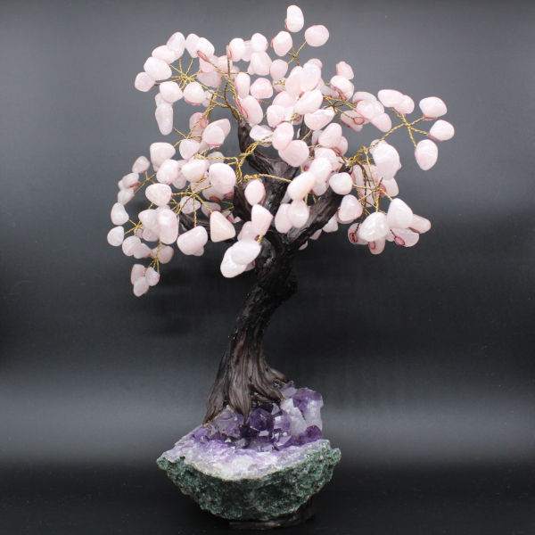 Mineral tree with amethyst base and rose quartz leaves
