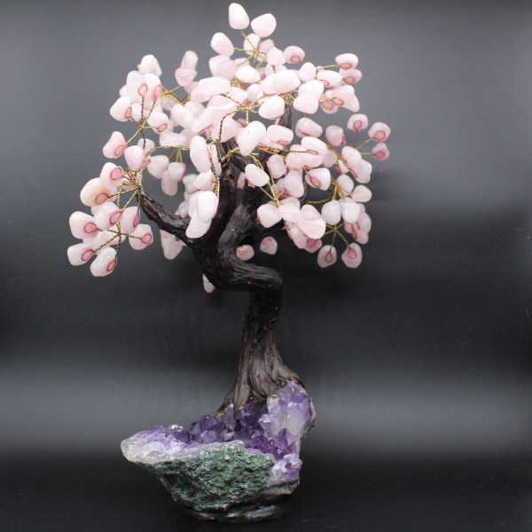 Mineral tree with amethyst base and rose quartz leaves