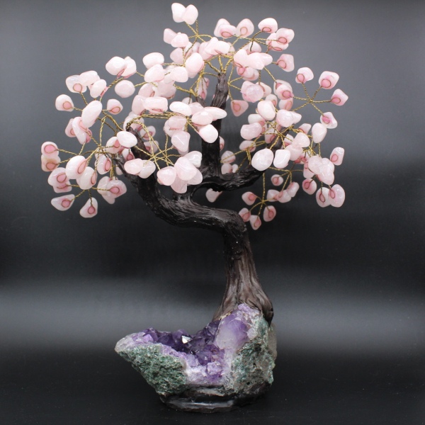 Mineral tree with amethyst base and rose quartz leaves