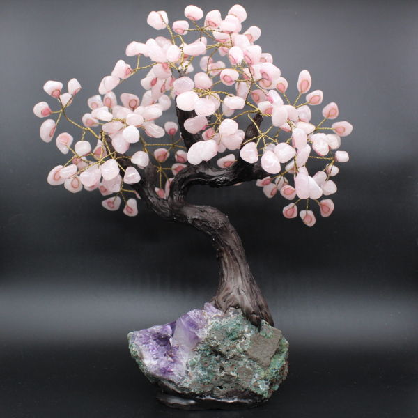 Mineral tree with amethyst base and rose quartz leaves