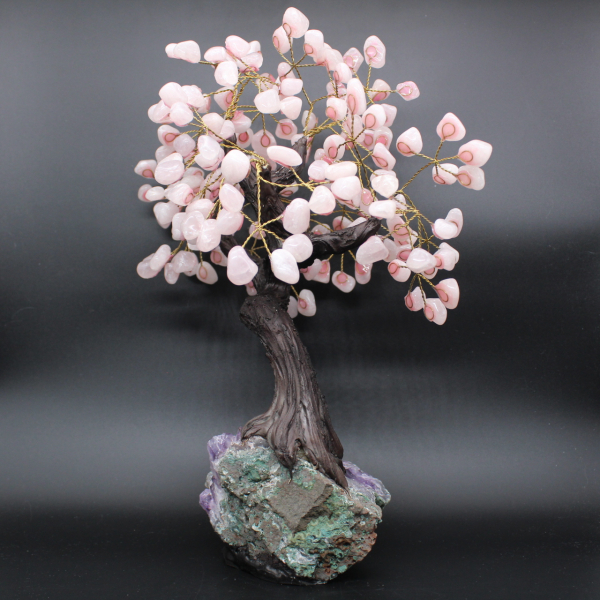 Mineral tree with amethyst base and rose quartz leaves