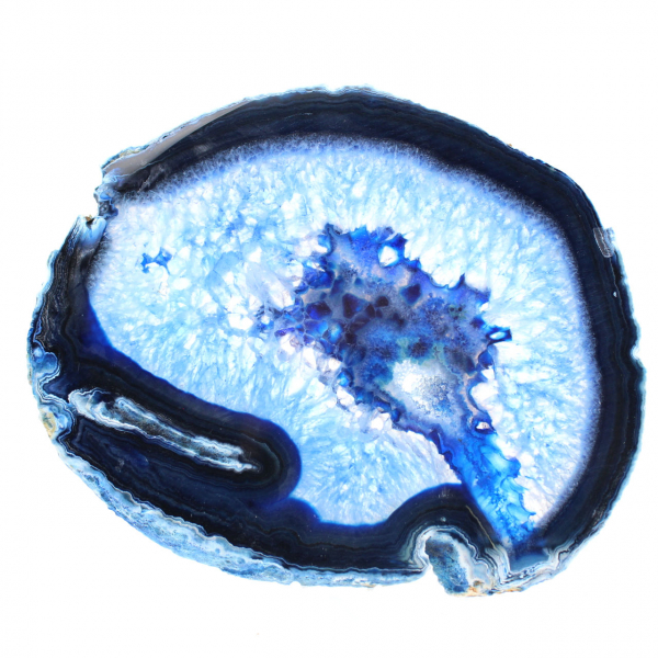 Polished slice of blue agate for mineralogical display case