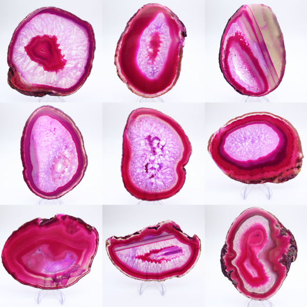 Polished slice of dyed pink agate