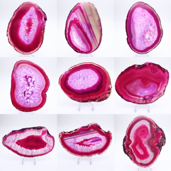 Polished slice of dyed pink agate