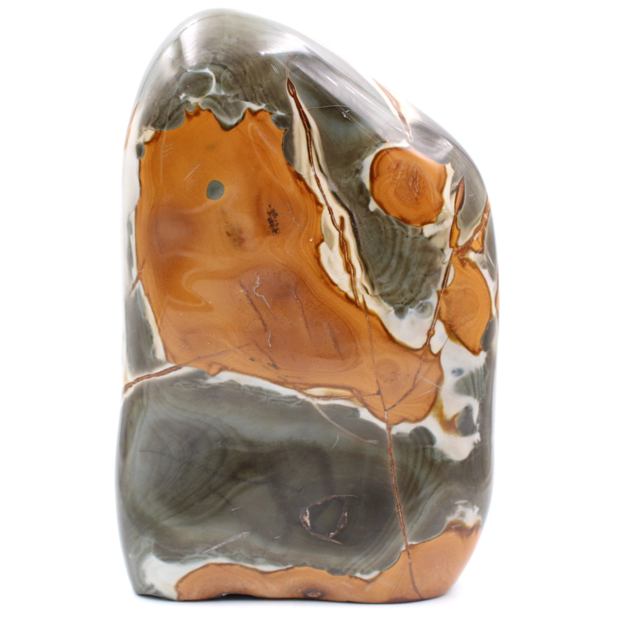 Polished block of printed jasper, orange gray color