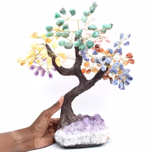 Mineral tree with an amethyst base and leaves made of various minerals