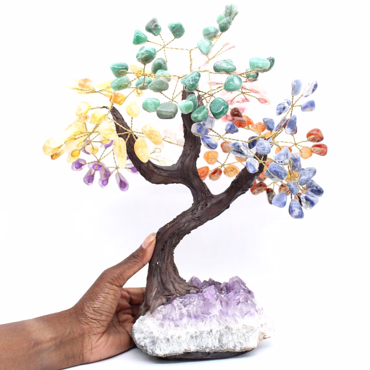 Mineral tree with an amethyst base and leaves made of various minerals