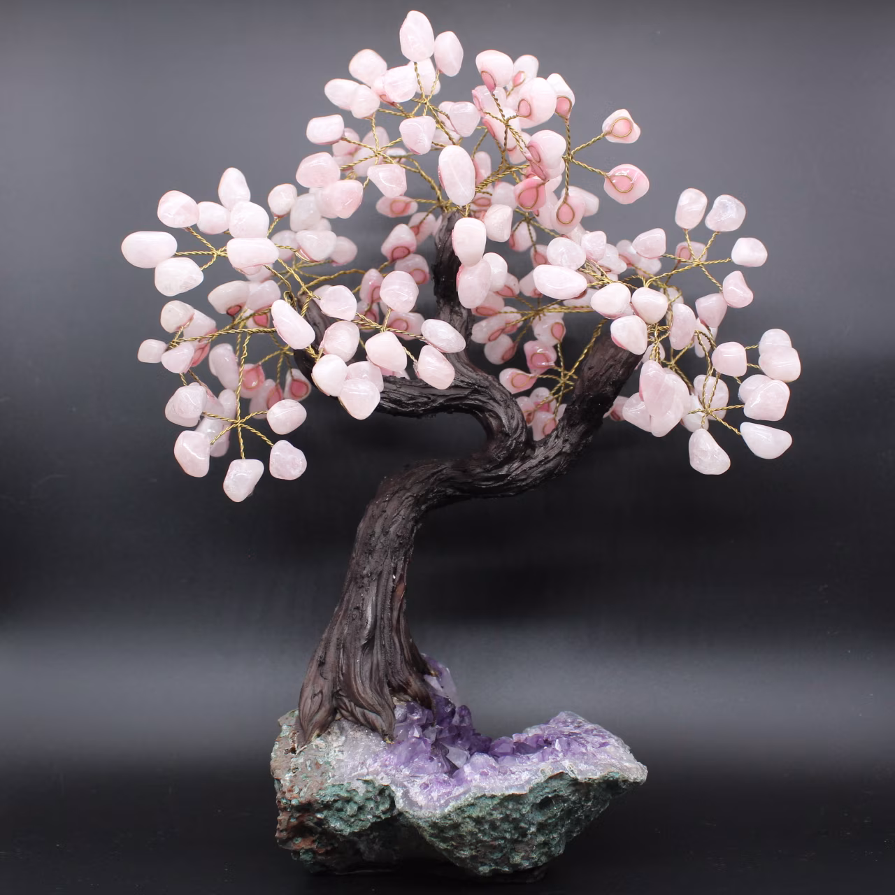 Mineral tree with amethyst base and rose quartz leaves