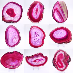 Polished slice of dyed pink agate