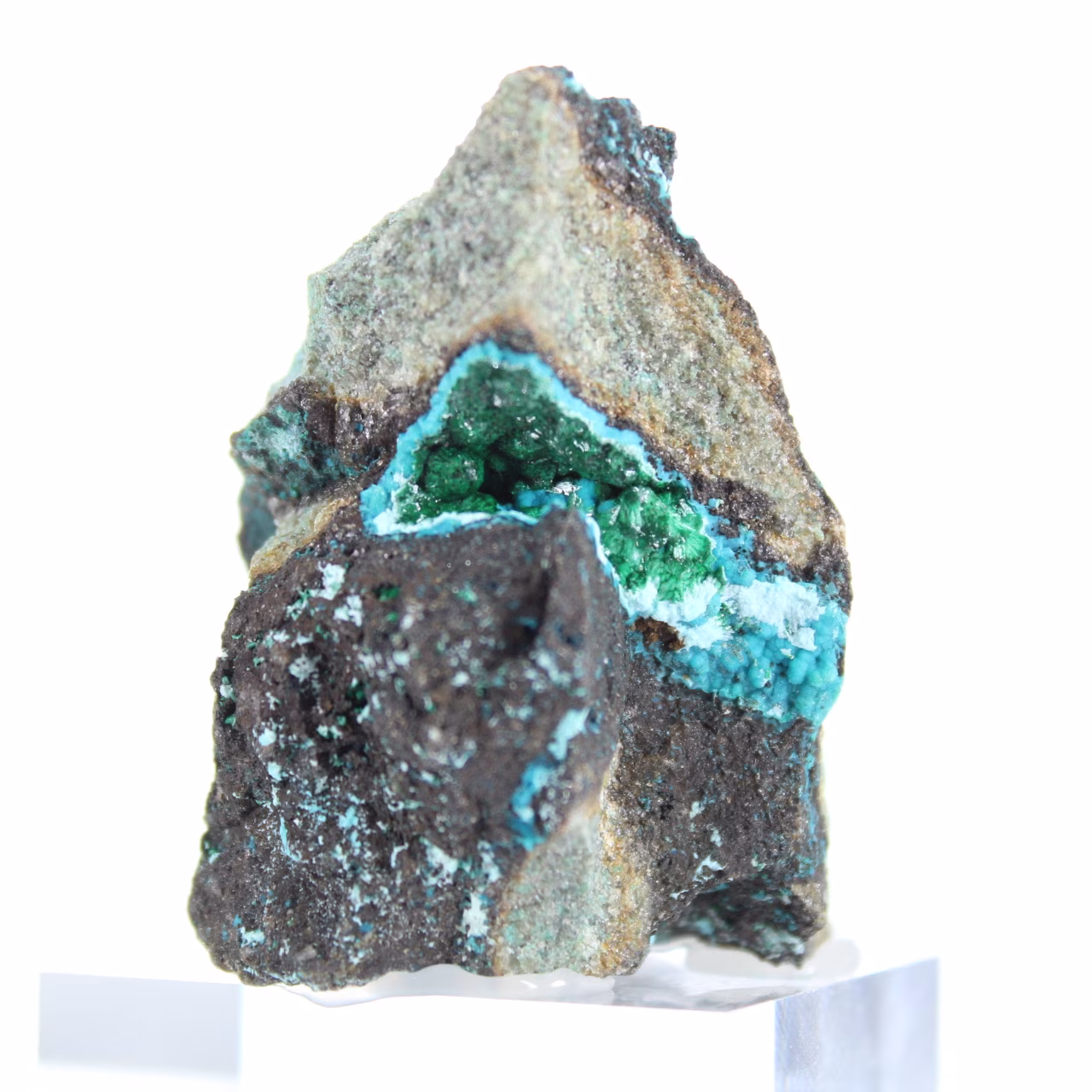 Natural Brochantite from Chile mounted on a display stand