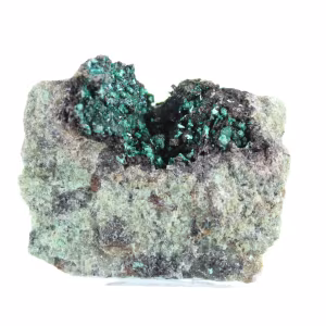Raw Green Brochantite from Chile on a Display Stand