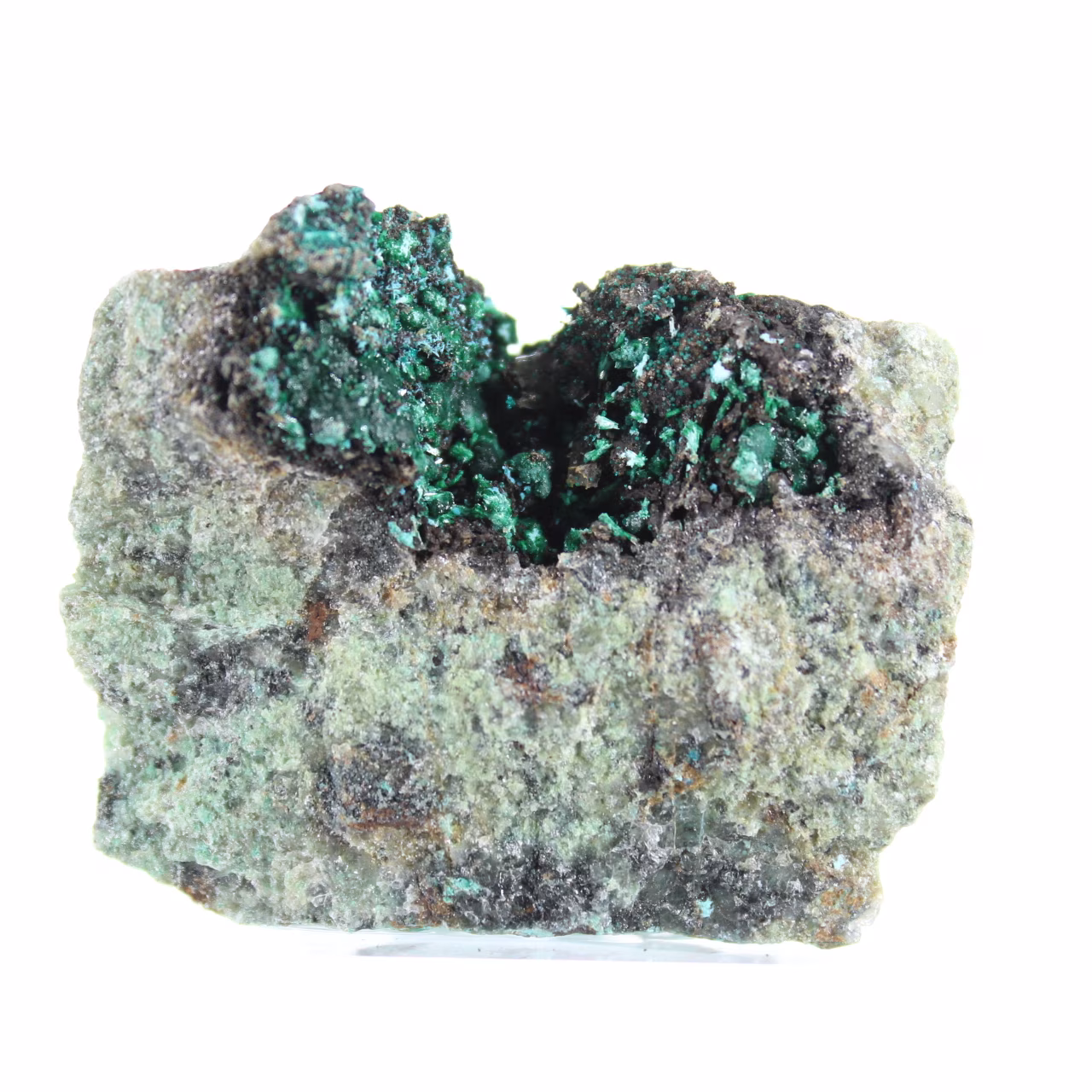 Raw Green Brochantite from Chile on a Display Stand