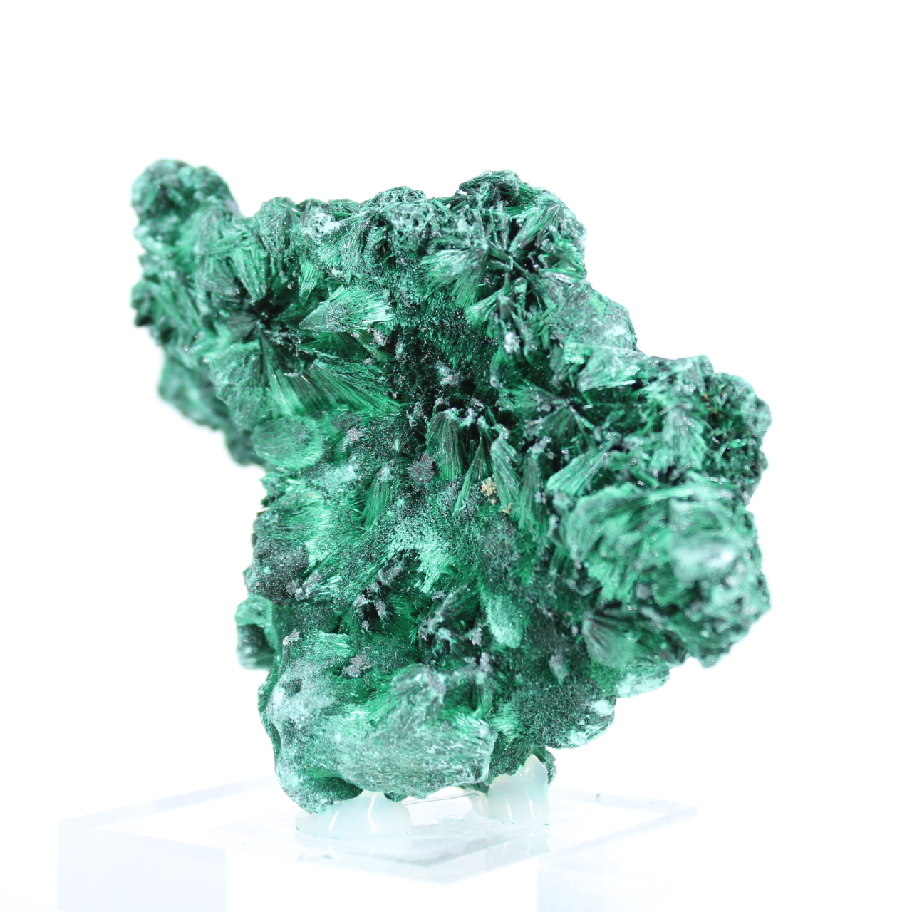 Fibrous malachite from Congo on acrylic stand, natural specimen