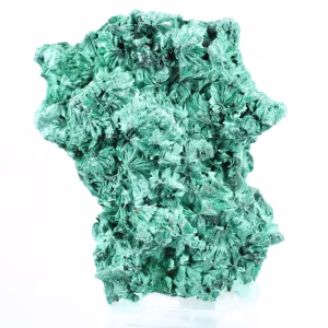 Flat-profile fibrous malachite from DRC, decorative mineral on stand