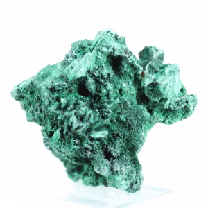 Natural fibrous-textured malachite from Congo, piece on stand