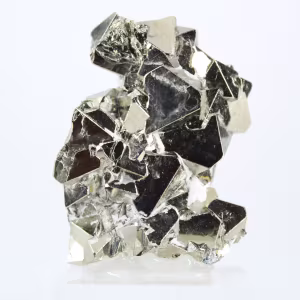 Pyrite from Peru, octahedral crystals on an acrylic base
