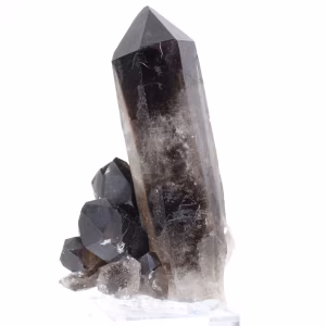 Large Brazilian morion quartz crystal mounted on an acrylic base
