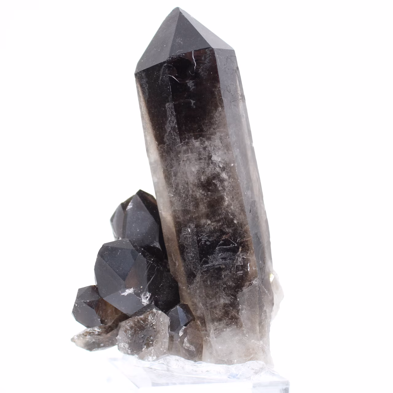Large Brazilian morion quartz crystal mounted on an acrylic base
