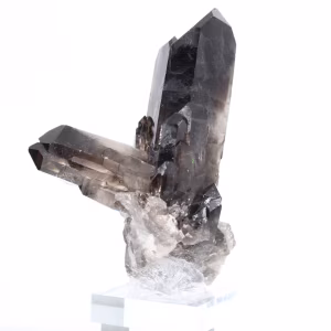 Brazilian morion quartz prism, specimen on acrylic base