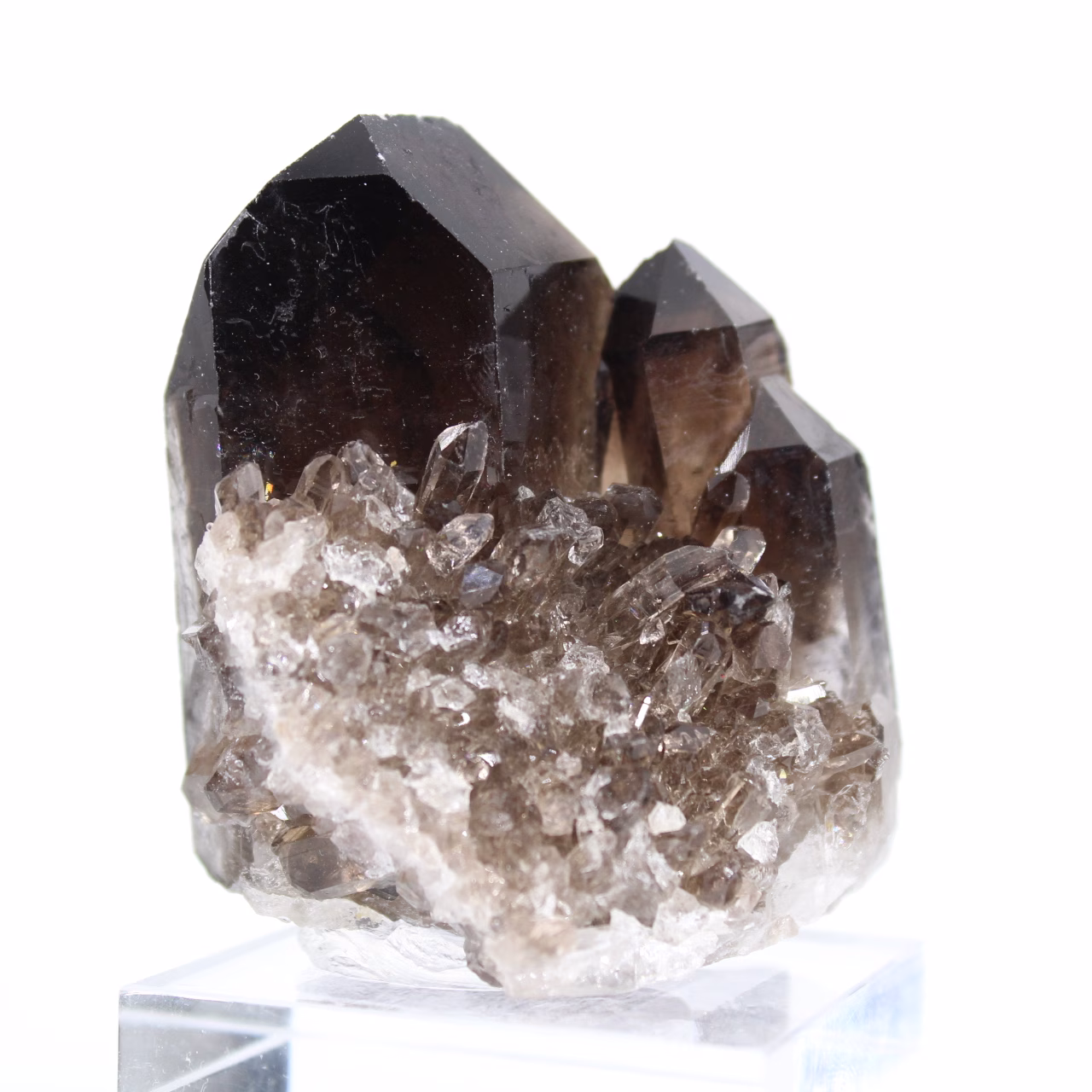 Morion quartz from Brazil, natural black crystal mounted on a base