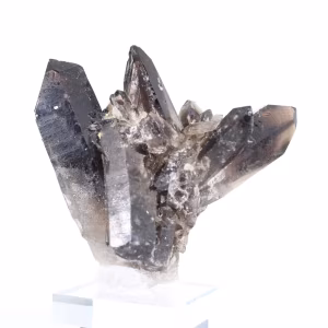 Brazilian morion quartz, decorative crystal displayed on a stand