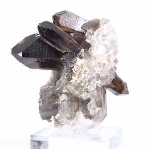 Morion quartz crystal of Brazilian origin, acrylic display stand
