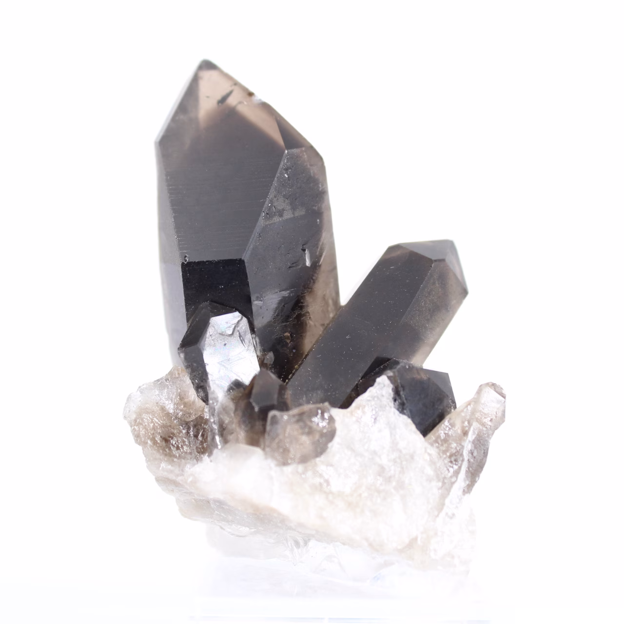 Crystalline morion quartz specimen from Brazil, acrylic stand included