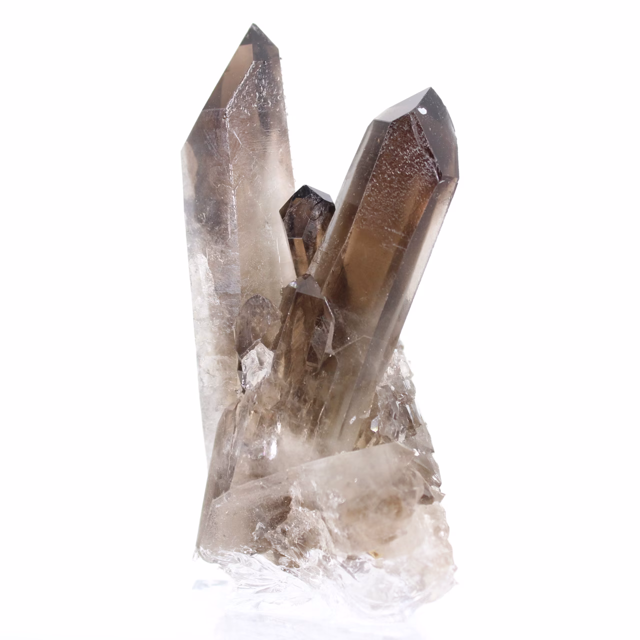 Elongated Brazilian morion quartz crystal, mounted on a stand