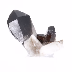 Compact morion quartz crystal from Brazil on acrylic stand