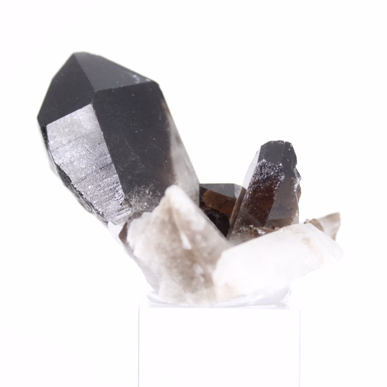 Compact morion quartz crystal from Brazil on acrylic stand